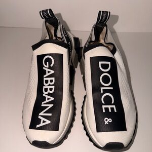 Dolce & Gabbana White and Black Logo Slip-On Sneakers